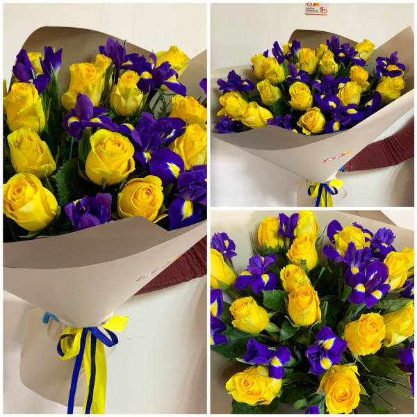 Букет из желтых роз и фиолетовых ирисов!