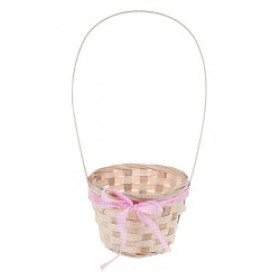 Корзина плетеная (бамбук), D13xH9.5/28 см (Натуральный+розовый)