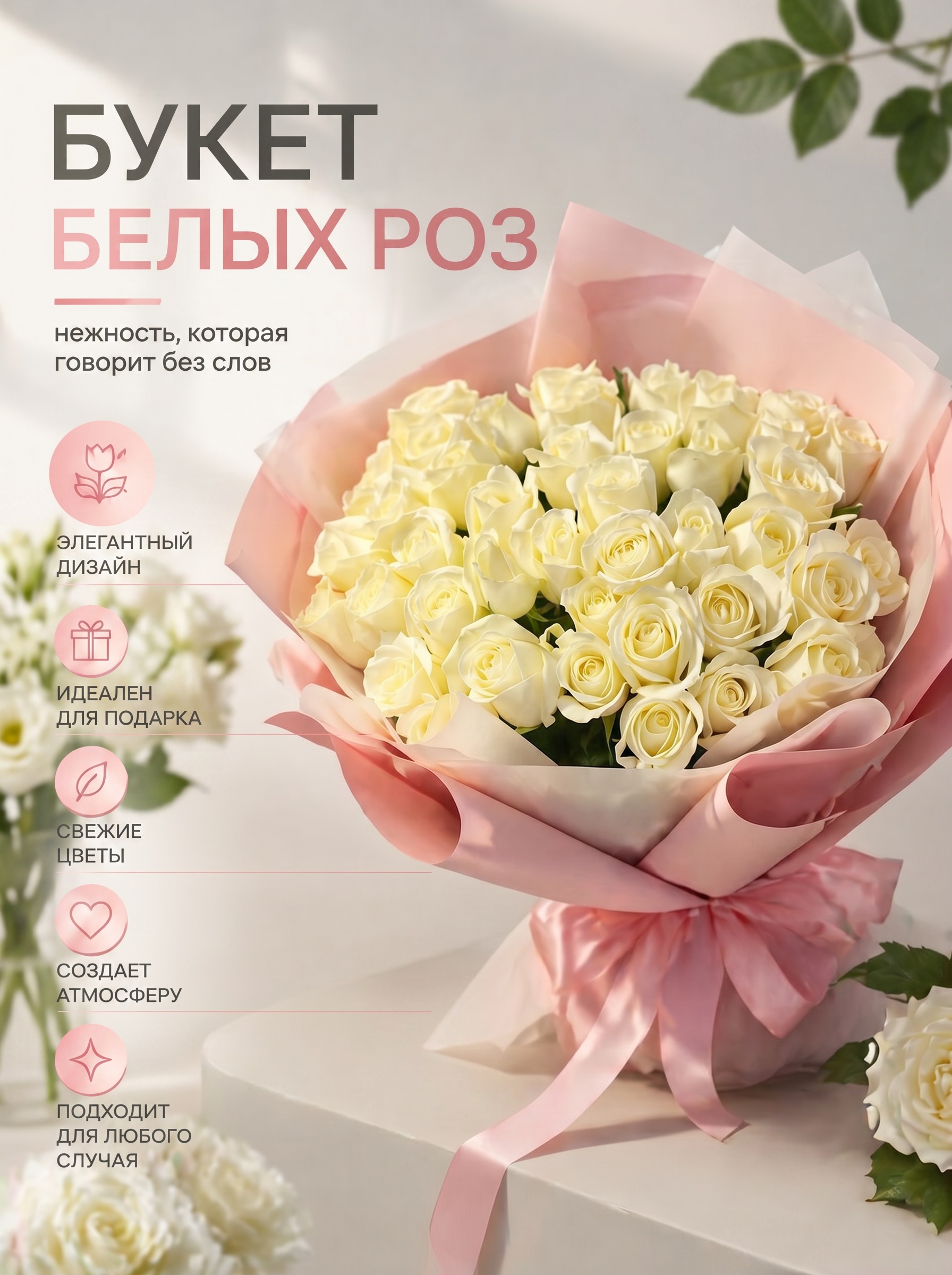 Букет белых роз 45 шт