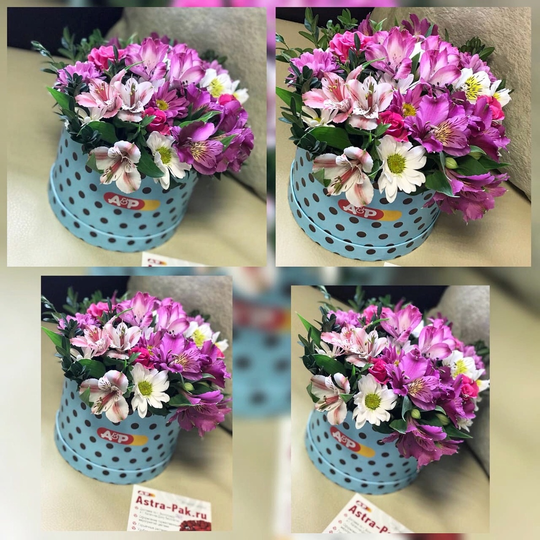 Композиция из альстермерии и хризантемы в шляпной коробке!