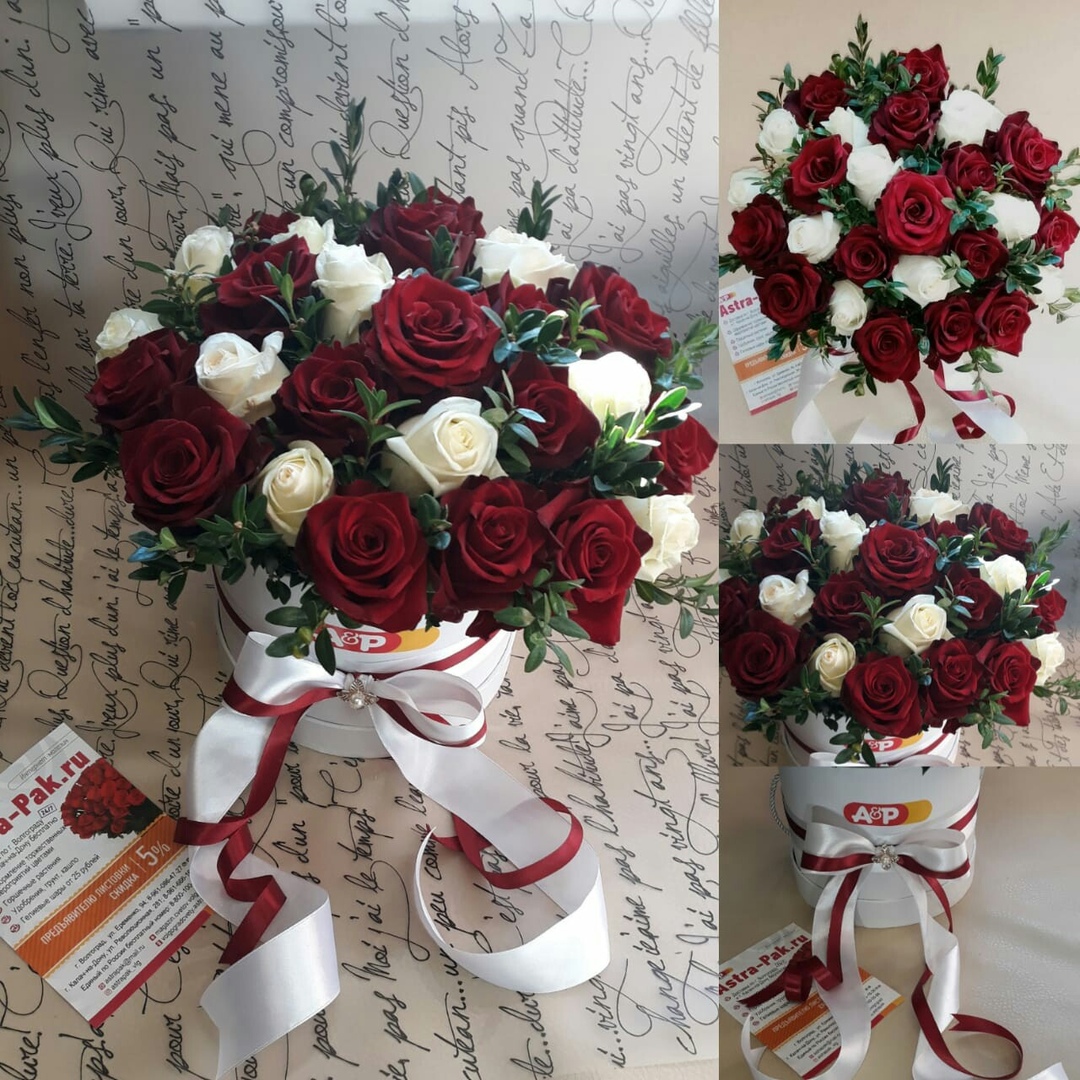 Композиция из белых и красных роз в шляпной коробке!