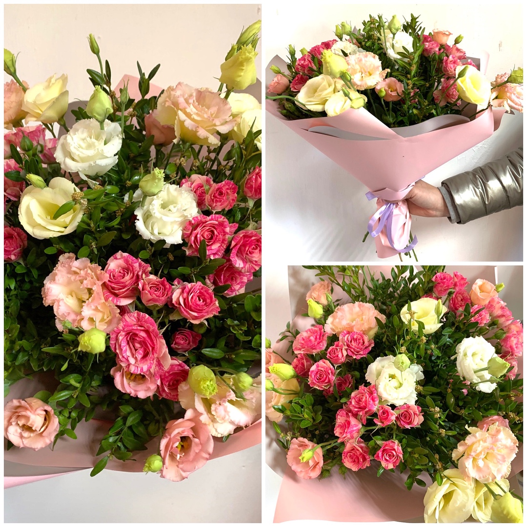 Шикарный букет из эустомы и кустовой розы с добавлением самшита!